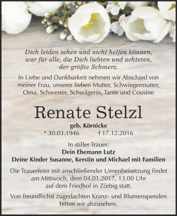 Traueranzeige von Renate Stelzl von WVG - Wochenspiegel Bitterfeld