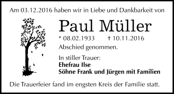 Traueranzeige von Paul Müller von Mitteldeutsche Zeitung Dessau-Roßlau