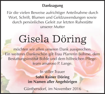Traueranzeige von Gisela Döring von Super Sonntag Merseburg