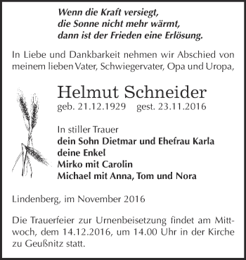 Traueranzeige von Helmut Schneider von Super Sonntag Zeitz