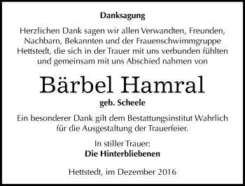 Traueranzeige von Bärbel Hamral von Mitteldeutsche Zeitung Mansfelder Land