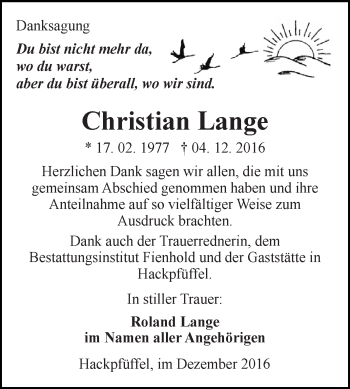 Traueranzeige von Christian Lange von Super Sonntag SGH Mansf. Land