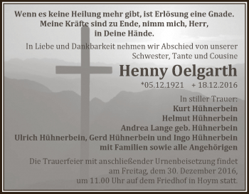 Traueranzeige von Henny Oelgarth von Super Sonntag Aschersleben