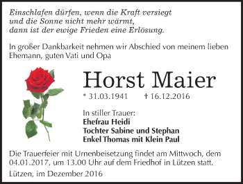 Traueranzeige von Horst Maier von Mitteldeutsche Zeitung Weißenfels