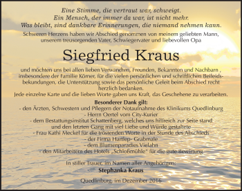 Traueranzeige von Siegfried Kraus von Mitteldeutsche Zeitung Quedlinburg