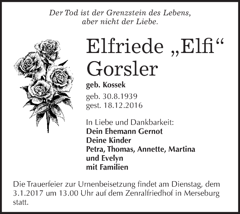 Traueranzeige für Elfriede Gorsler vom 28.12.2016 aus WVG - Wochenspiegel Merseburg