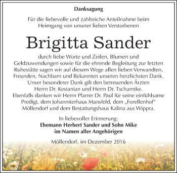 Traueranzeige von Brigitta Sander von Mitteldeutsche Zeitung Mansfelder Land