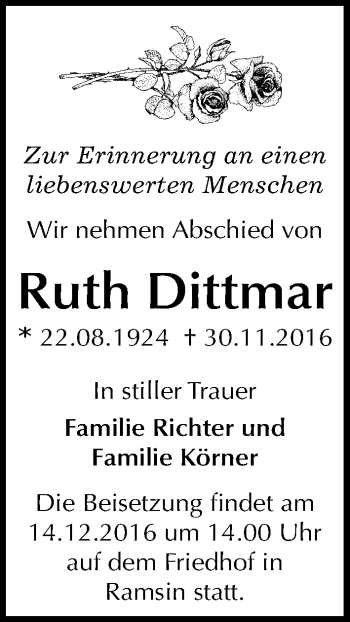 Traueranzeige von Ruth Dittmar von Mitteldeutsche Zeitung Bitterfeld