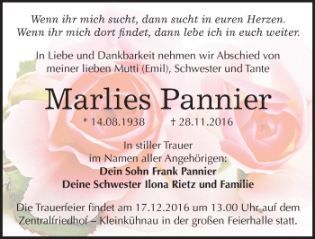 Traueranzeige von Marlies Pannier von Mitteldeutsche Zeitung Dessau-Roßlau