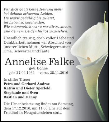 Traueranzeige von Annelise Falke von Super Sonntag Bernburg