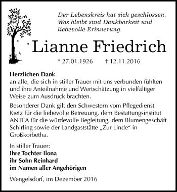 Traueranzeige von Lianne Friedrich von Mitteldeutsche Zeitung Weißenfels