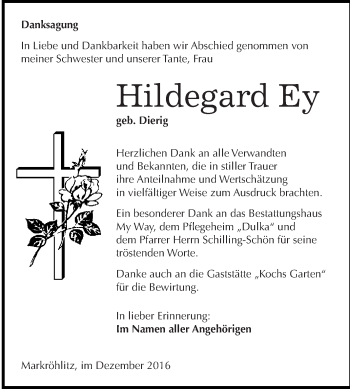 Traueranzeige von Hildegard Ey von WVG - Wochenspiegel NMB / WSF / ZTZ