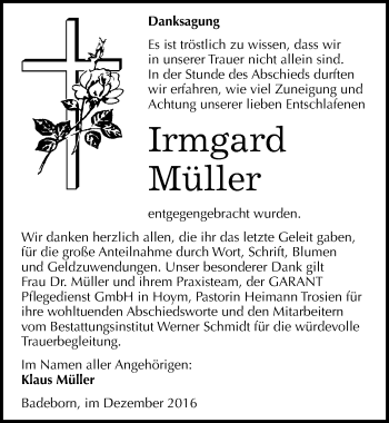 Traueranzeige von Irmgard Müller von Mitteldeutsche Zeitung Quedlinburg