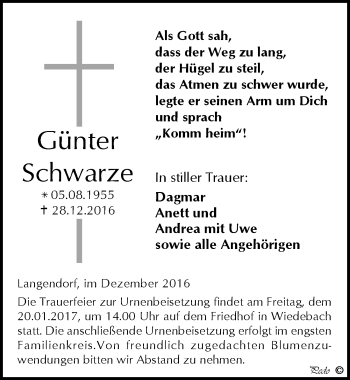 Traueranzeige von Günter Schwarze von Mitteldeutsche Zeitung Weißenfels
