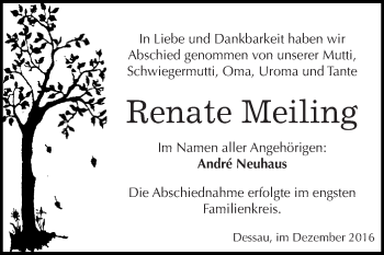 Traueranzeige von Renate Meiling von WVG - Wochenspiegel Dessau / Köthen