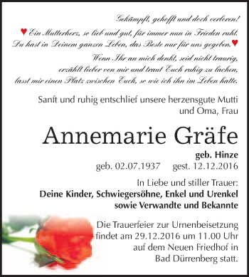 Traueranzeige von Annemarie Gräfe von WVG - Wochenspiegel Merseburg