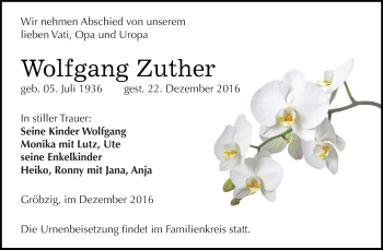 Traueranzeige von Wolfgang Zuther von WVG - Wochenspiegel Dessau / Köthen