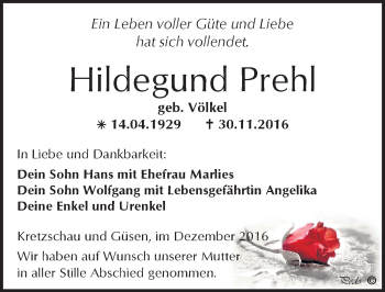 Traueranzeige von Hildegund Prehl von Mitteldeutsche Zeitung Zeitz