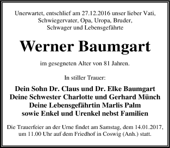 Traueranzeige von Werner Baumgart von Mitteldeutsche Zeitung Wittenberg