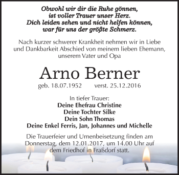 Traueranzeige von Arno Berner von Mitteldeutsche Zeitung Köthen
