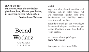 Traueranzeige von Bernd Wodarz von WVG - Wochenspiegel Dessau / Köthen