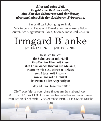 Traueranzeige von Irmgard Blanke von Mitteldeutsche Zeitung Naumburg/Nebra