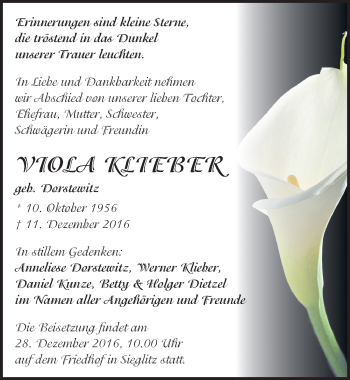 Traueranzeige von Viola Klieber von Mitteldeutsche Zeitung Naumburg/Nebra
