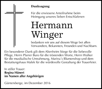 Traueranzeige von Hermann Winger von Mitteldeutsche Zeitung Quedlinburg