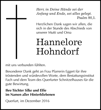 Traueranzeige von Hannelore Hohndorf von Mitteldeutsche Zeitung Merseburg/Querfurt
