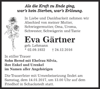 Traueranzeige von Eva Gärtner von Super Sonntag Bernburg