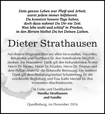 Traueranzeige von Dieter Strathausen von Mitteldeutsche Zeitung Quedlinburg