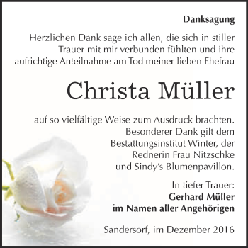 Traueranzeige von Christa Müller von WVG - Wochenspiegel Bitterfeld