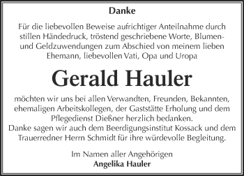 Traueranzeige von Gerald Hauler von WVG - Wochenspiegel Dessau / Köthen