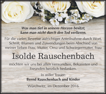 Traueranzeige von Isolde Rauschenbach von Super Sonntag Zeitz