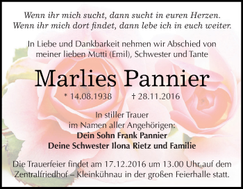 Traueranzeige von Marlies Pannier von WVG - Wochenspiegel Dessau / Köthen