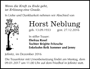 Traueranzeige von Horst Neblung von Mitteldeutsche Zeitung Bitterfeld