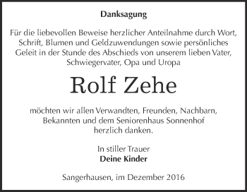 Traueranzeige von Rolf Zehe von Super Sonntag SGH Mansf. Land