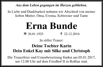 Traueranzeige von Erna Bunde von Mitteldeutsche Zeitung Dessau-Roßlau