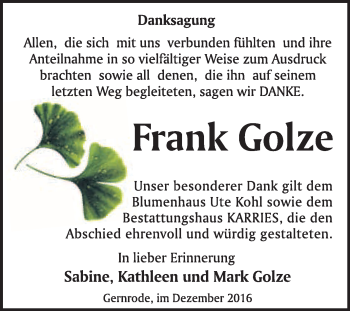 Traueranzeige von Frank Golze von WVG - Wochenspiegel Quedlinburg