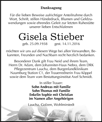 Traueranzeige von Gisela Stieber von Mitteldeutsche Zeitung Naumburg/Nebra