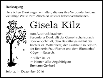 Traueranzeige von Gisela Kilz von Mitteldeutsche Zeitung Wittenberg