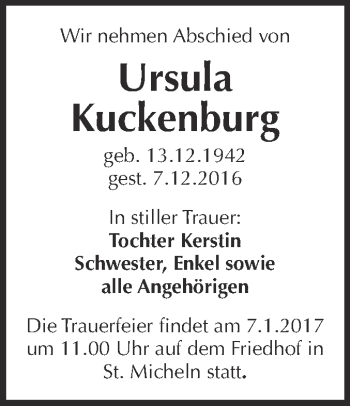 Traueranzeige von Ursula Kuckenburg von WVG - Wochenspiegel Merseburg