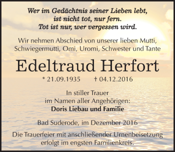 Traueranzeige von Edeltraud Herfort von Mitteldeutsche Zeitung Quedlinburg