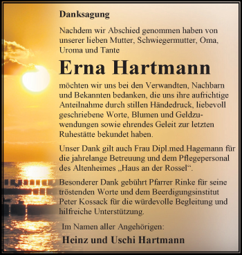 Traueranzeige von Erna Hartmann von WVG - Wochenspiegel Dessau / Köthen