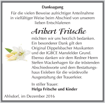 Traueranzeige von Aribert Fritsche von Mitteldeutsche Zeitung Mansfelder Land