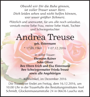 Traueranzeige von Andrea Treuse von Mitteldeutsche Zeitung Naumburg/Nebra
