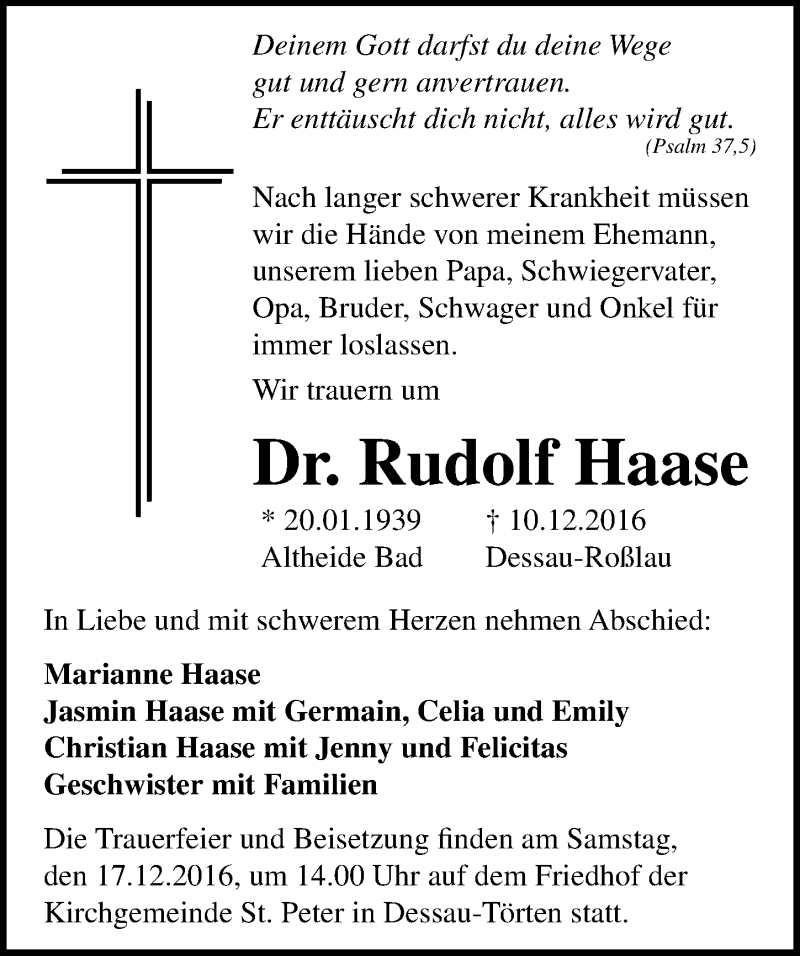  Traueranzeige für Rudolf Haase vom 14.12.2016 aus Mitteldeutsche Zeitung Bitterfeld