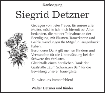 Traueranzeige von Siegrid Detzner von Super Sonntag Bernburg