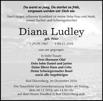 Traueranzeige von Diana Ludley von Mitteldeutsche Zeitung Merseburg/Querfurt