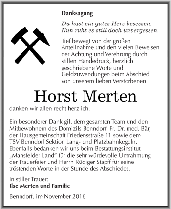 Traueranzeige von Horst Merten von Wochenspiegel Mansfelder Land